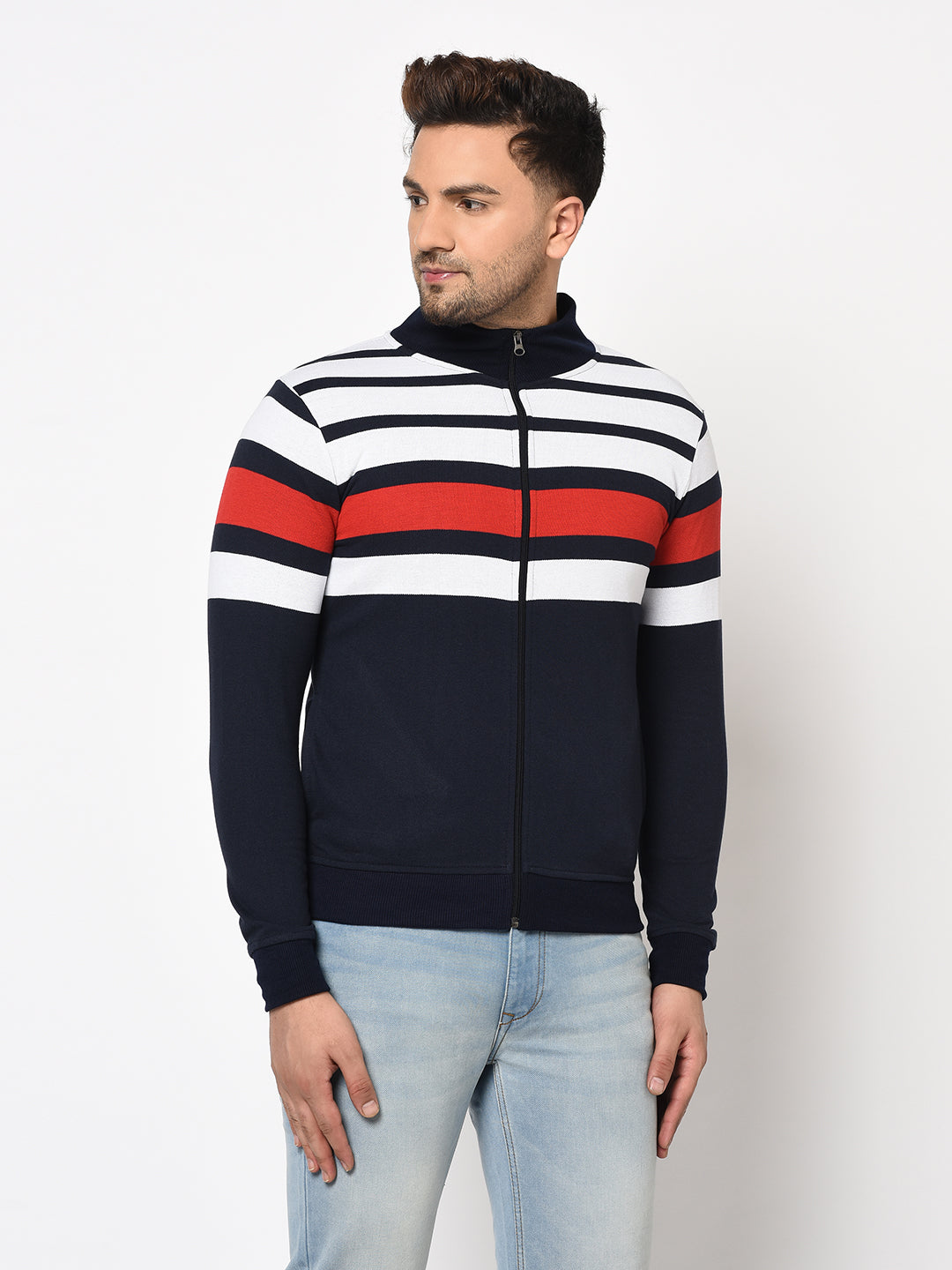 Austin wood Mens Navy Blue Long Sleeves High Neck Striped Sweatshirt