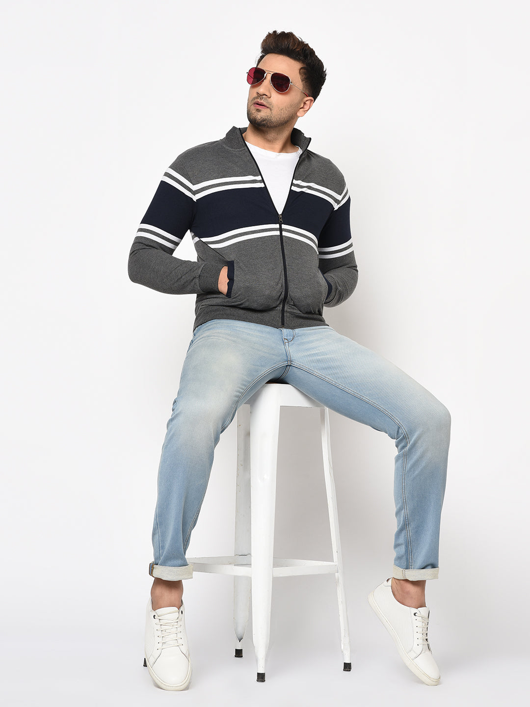 Austin wood Mens Multi Long Sleeves High Neck Striped Sweatshirt