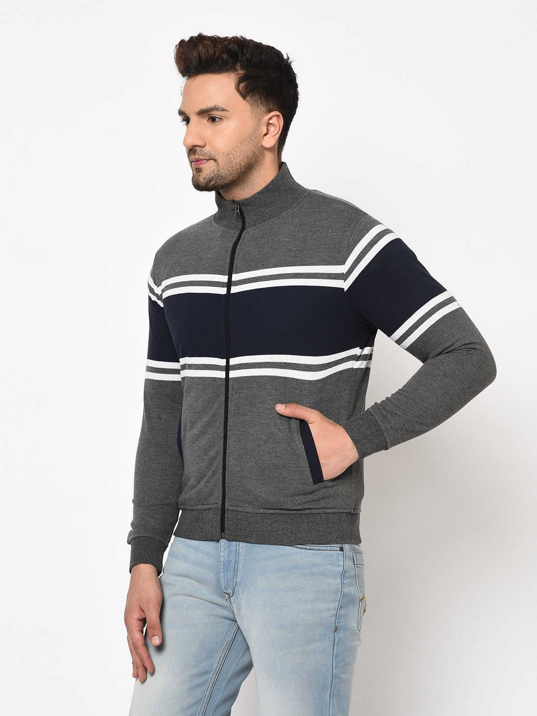 Austin wood Mens Multi Long Sleeves High Neck Striped Sweatshirt