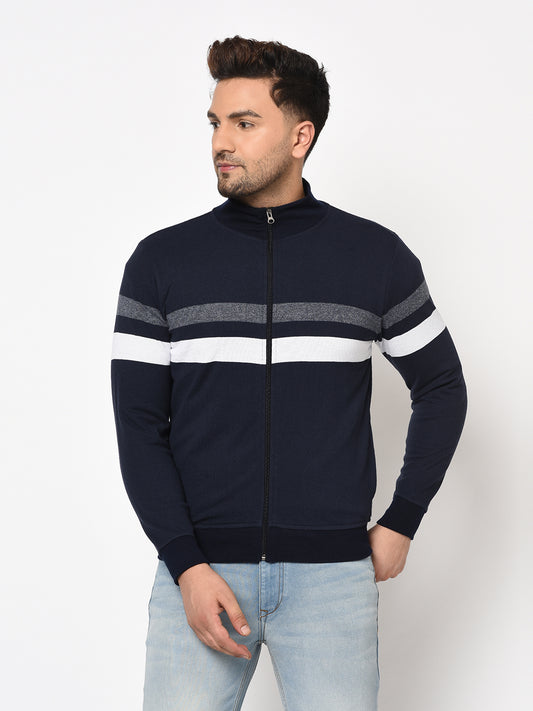 Austin wood Mens Navy Blue Long Sleeves High Neck Striped Sweatshirt