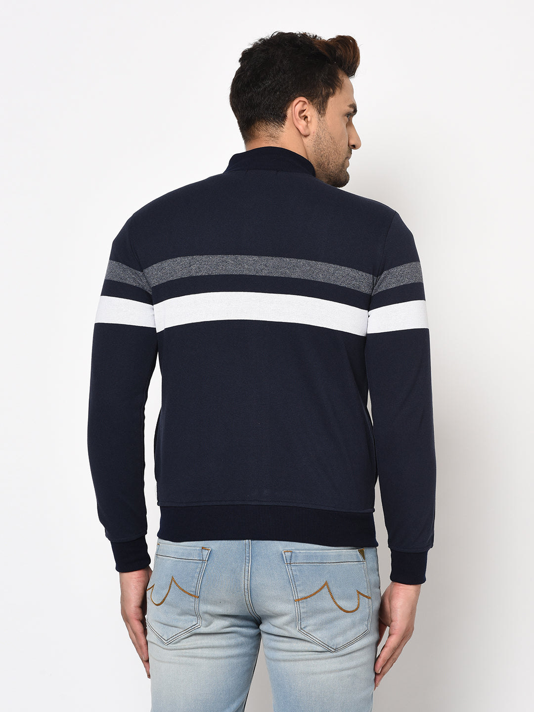 Austin wood Mens Navy Blue Long Sleeves High Neck Striped Sweatshirt