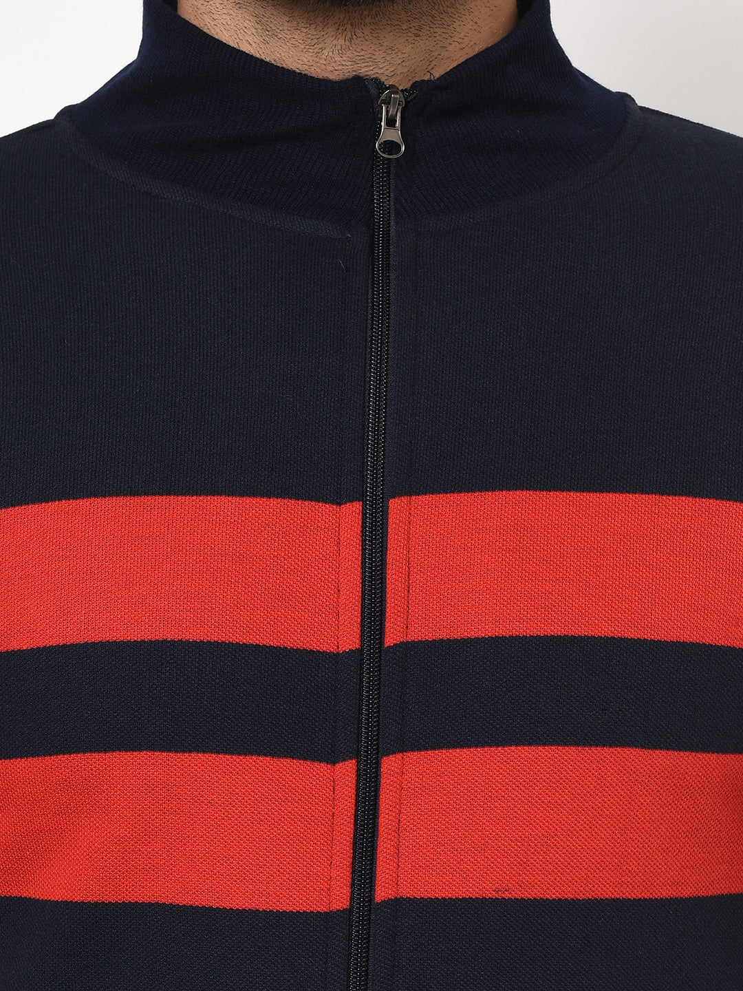 Austin wood Mens Navy Blue Long Sleeves High Neck Striped Sweatshirt