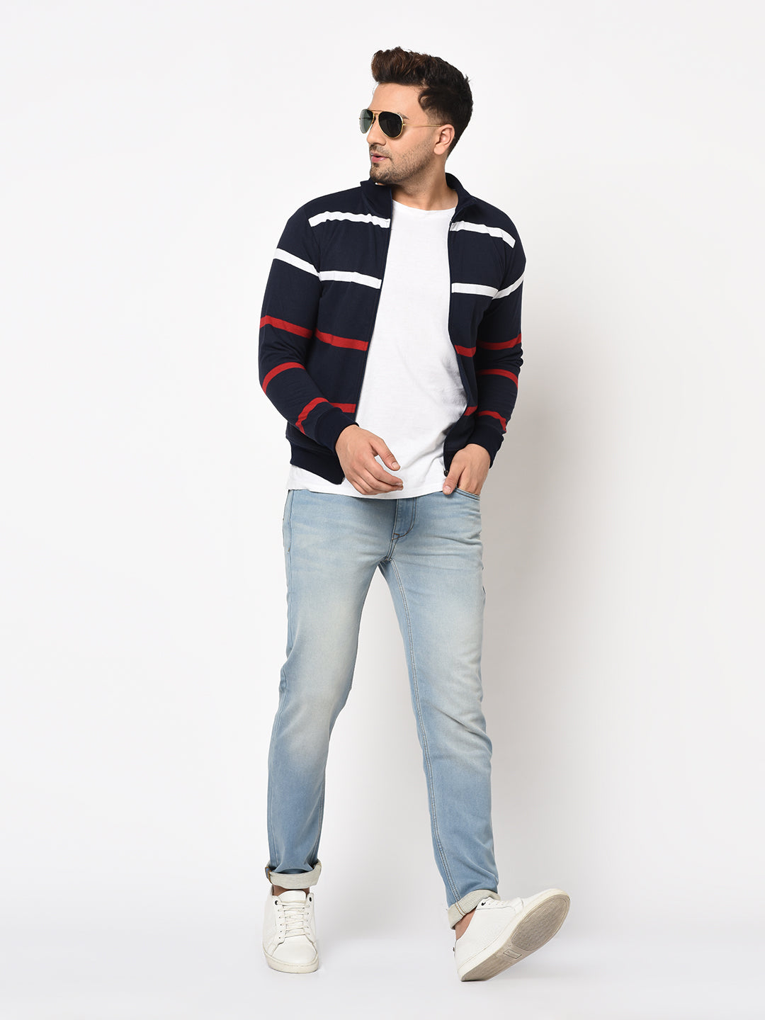 Austin wood Mens Navy Blue Long Sleeves High Neck Striped Sweatshirt