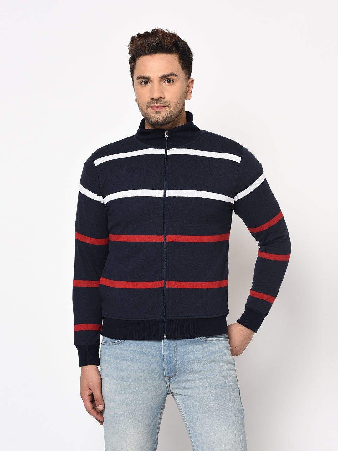 Austin wood Mens Navy Blue Long Sleeves High Neck Striped Sweatshirt