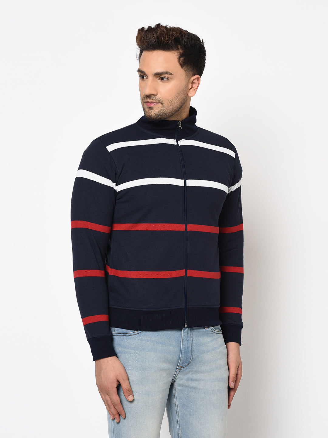 Austin wood Mens Navy Blue Long Sleeves High Neck Striped Sweatshirt