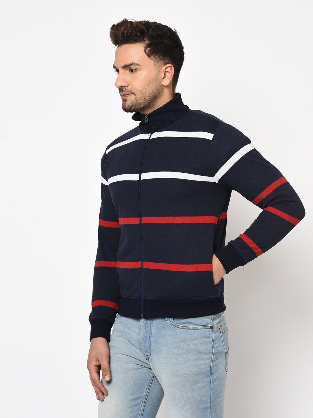 Austin wood Mens Navy Blue Long Sleeves High Neck Striped Sweatshirt