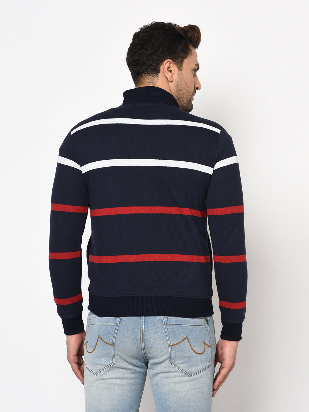 Austin wood Mens Navy Blue Long Sleeves High Neck Striped Sweatshirt