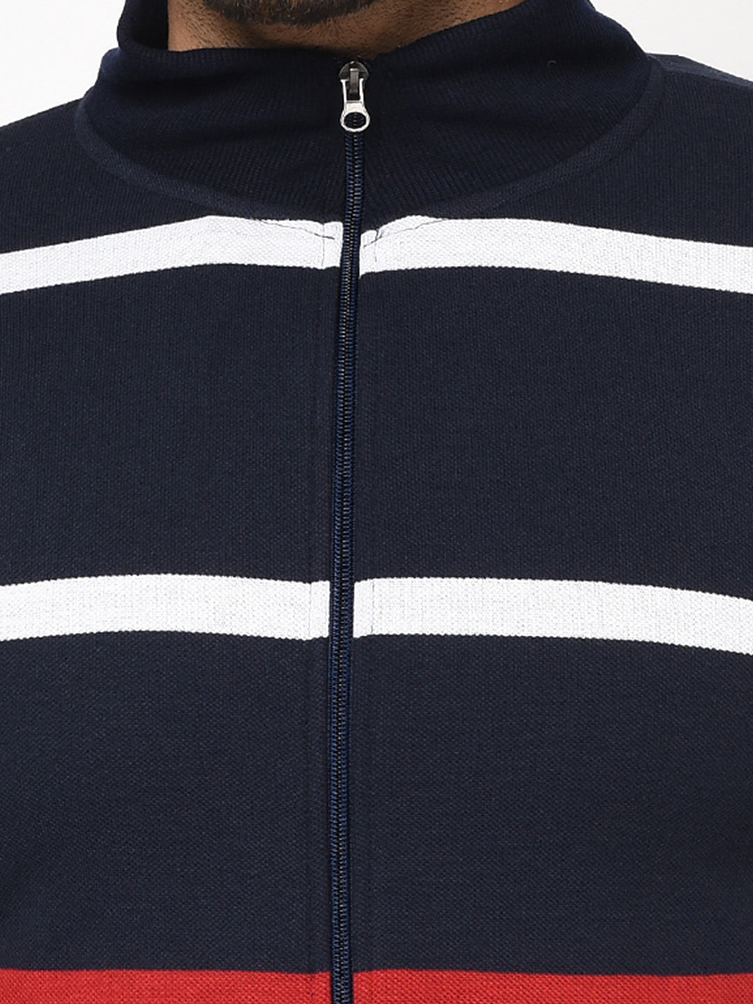 Austin wood Mens Navy Blue Long Sleeves High Neck Striped Sweatshirt