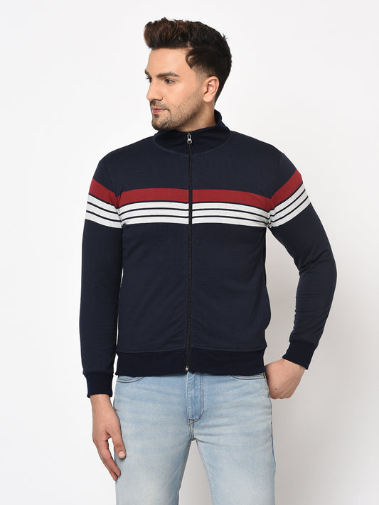 Austin wood Mens Navy Blue Long Sleeves High Neck Striped Sweatshirt