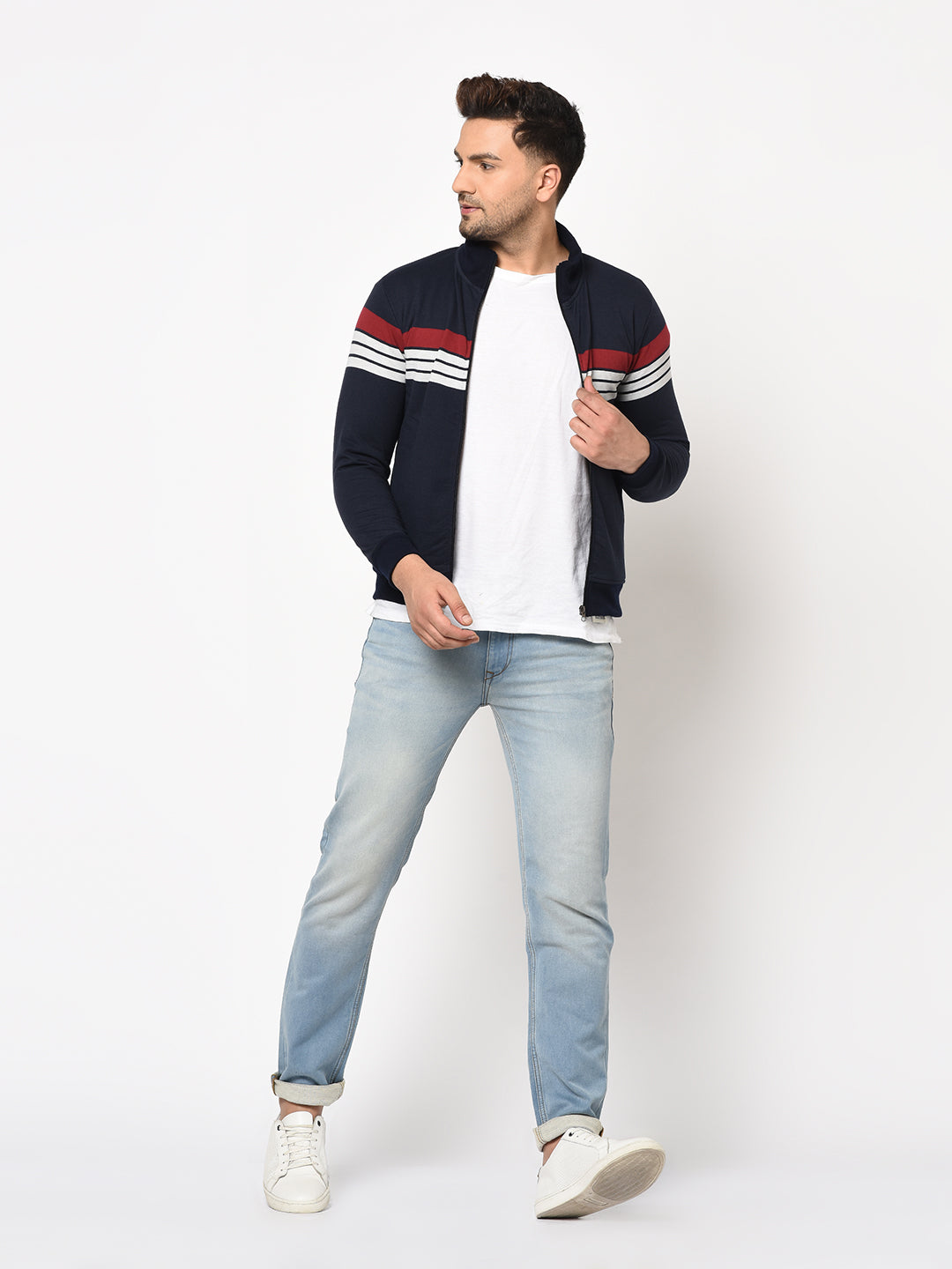 Austin wood Mens Navy Blue Long Sleeves High Neck Striped Sweatshirt