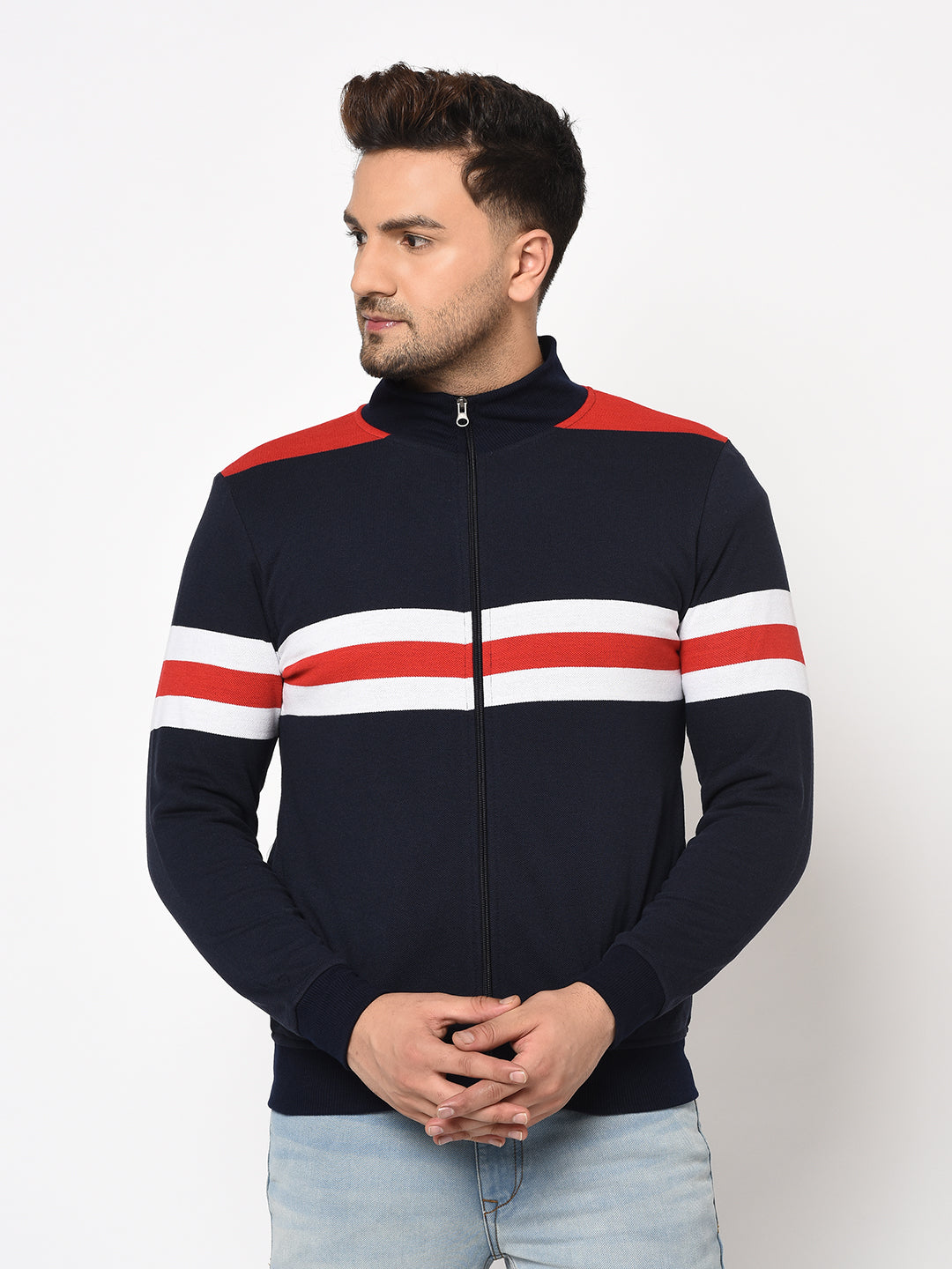 Austin wood Mens Navy Blue Long Sleeves High Neck Striped Sweatshirt