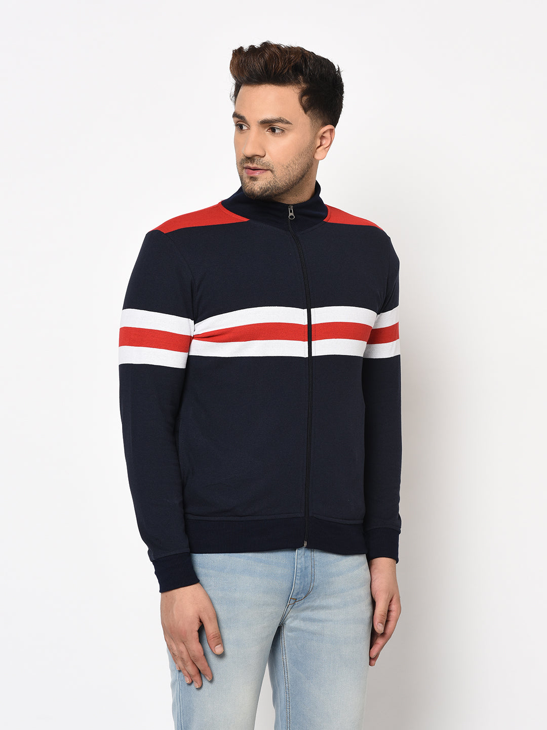 Austin wood Mens Navy Blue Long Sleeves High Neck Striped Sweatshirt