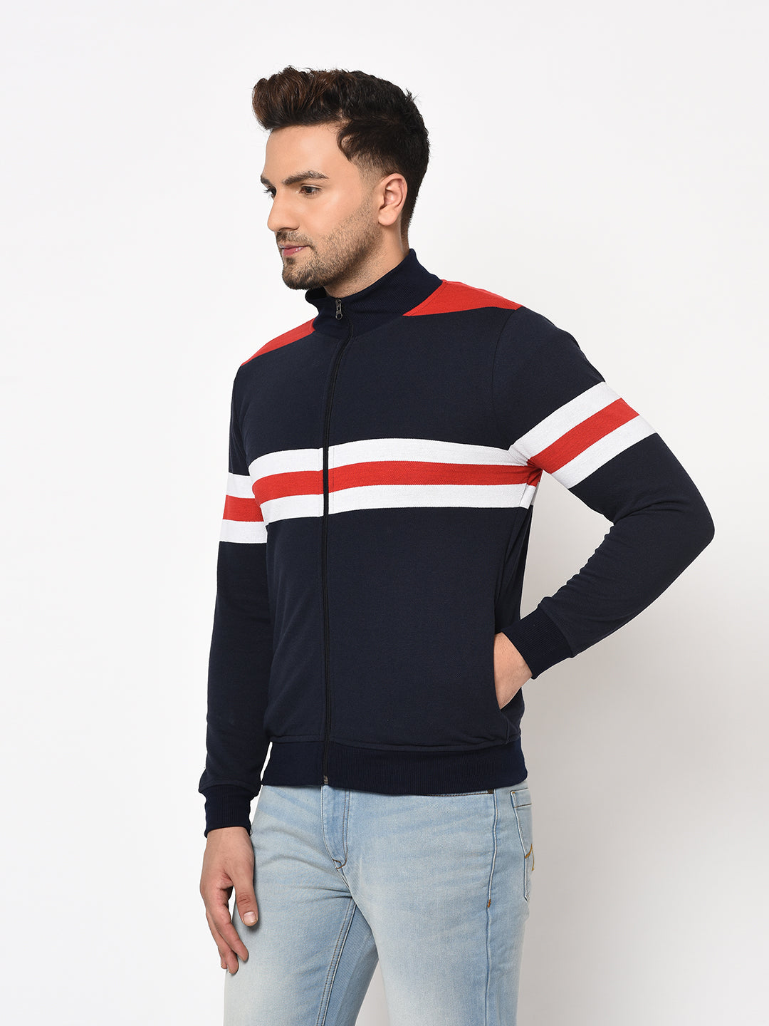 Austin wood Mens Navy Blue Long Sleeves High Neck Striped Sweatshirt