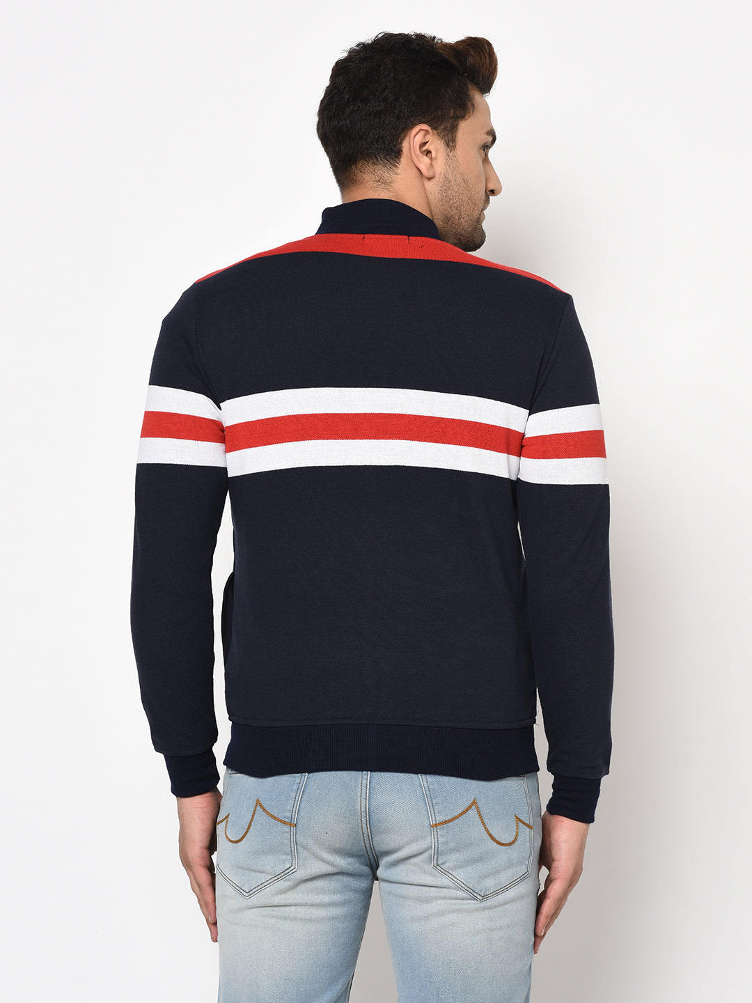 Austin wood Mens Navy Blue Long Sleeves High Neck Striped Sweatshirt