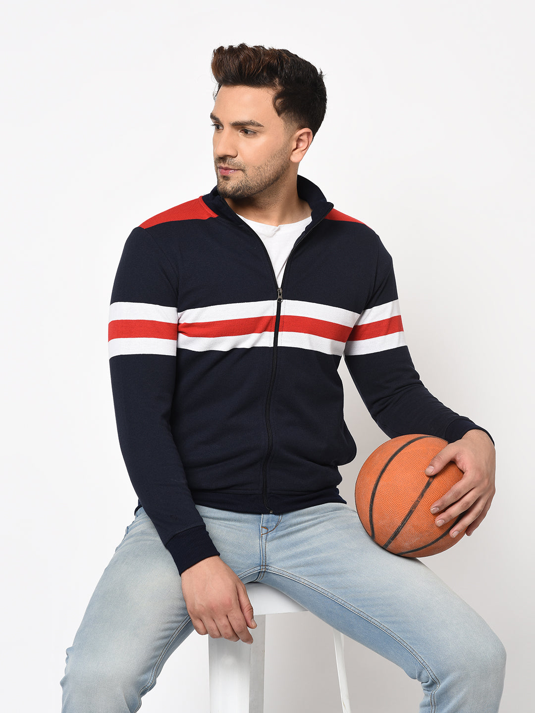 Austin wood Mens Navy Blue Long Sleeves High Neck Striped Sweatshirt