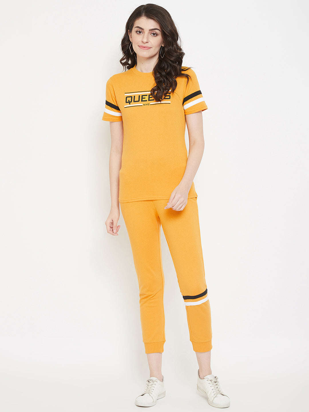 Austin Wood Women's Mustard Solid Half Sleeves Track Suit With Chest Print