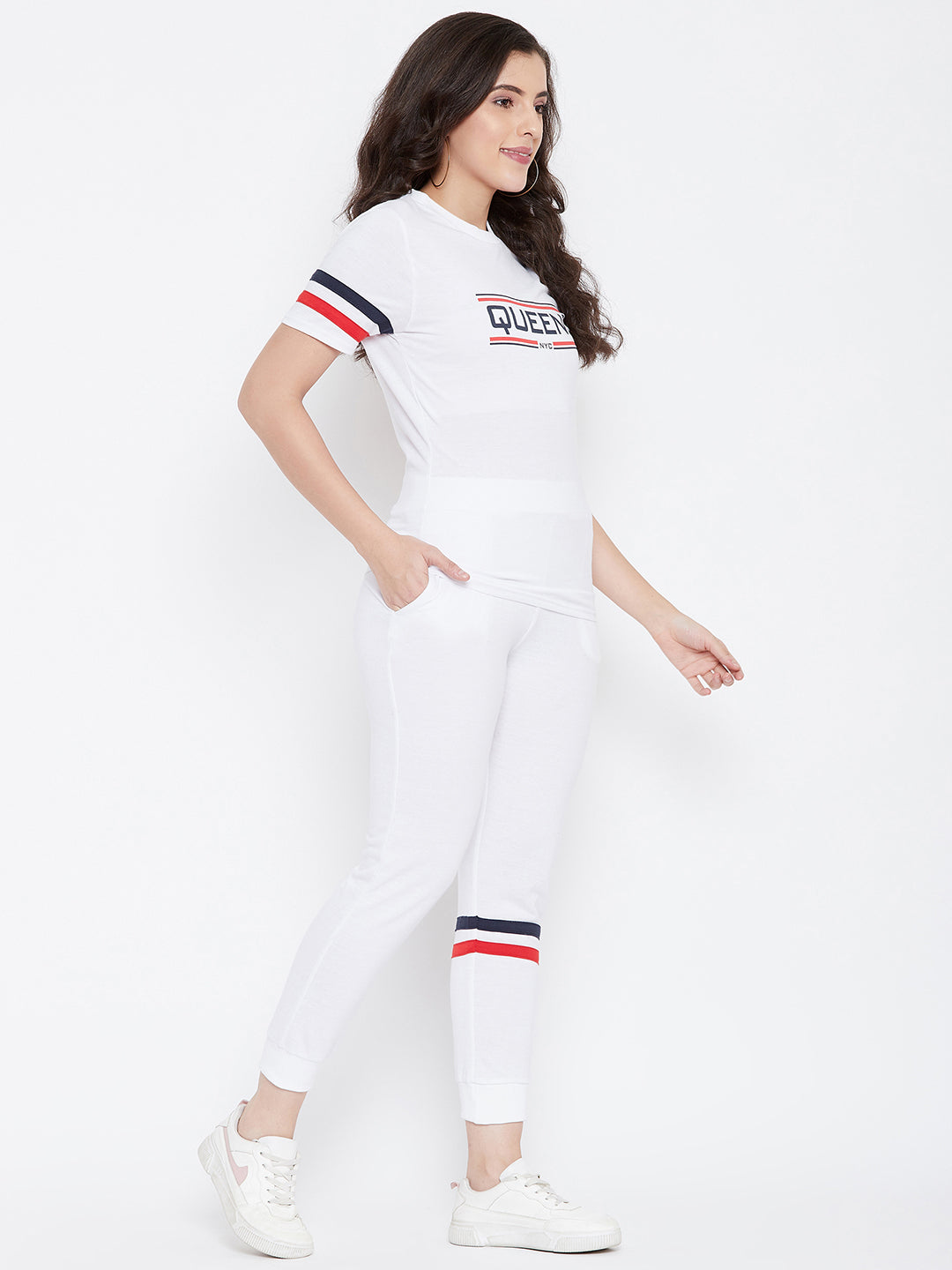 Austin Wood Women's White Solid Half Sleeves Track Suit With Chest Print