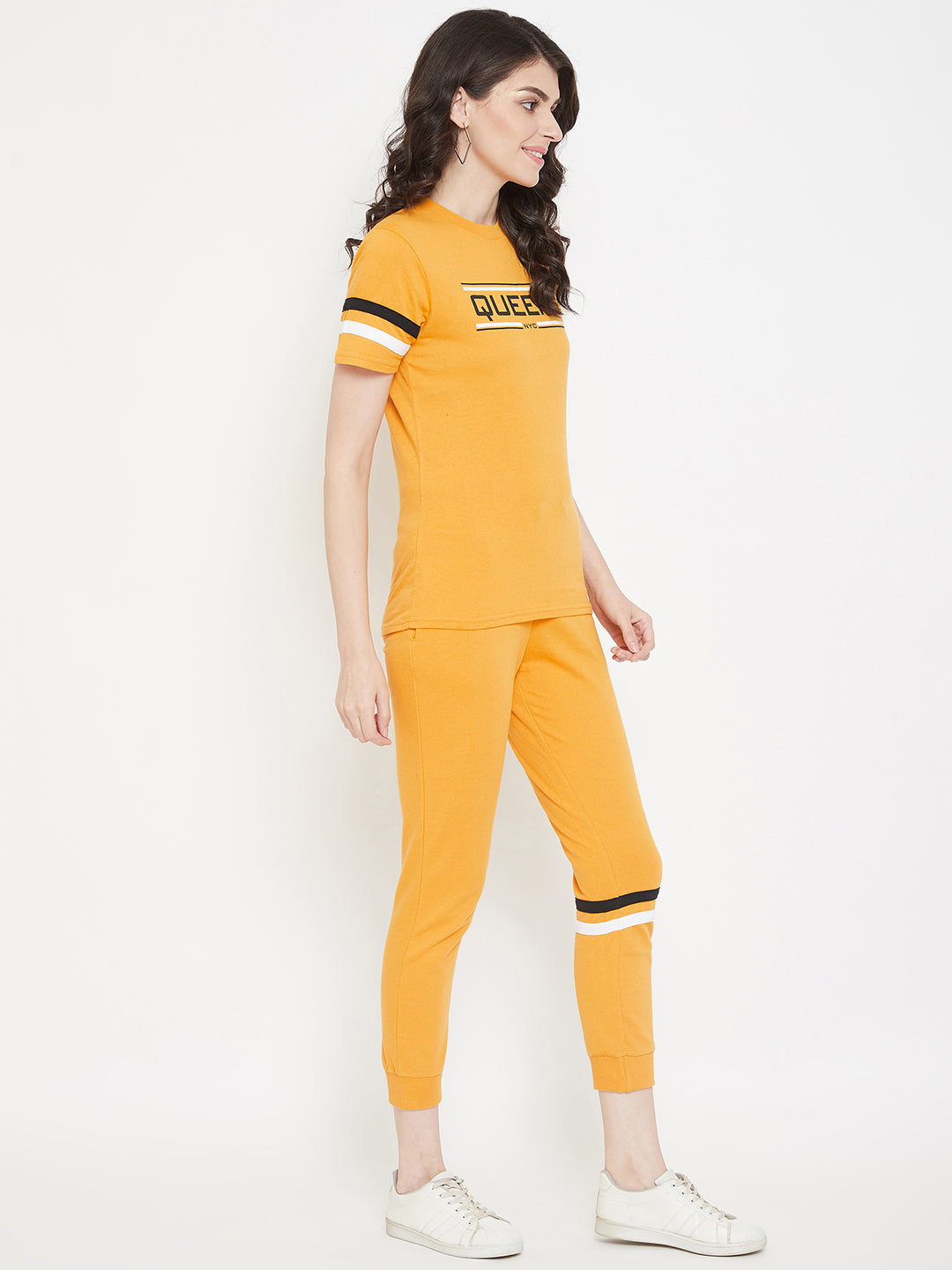 Austin Wood Women's Mustard Solid Half Sleeves Track Suit With Chest Print